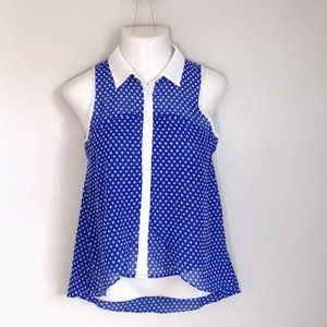 Iky & Me Blue and White Polka Dot Button-up Sleeveless Blouse Small